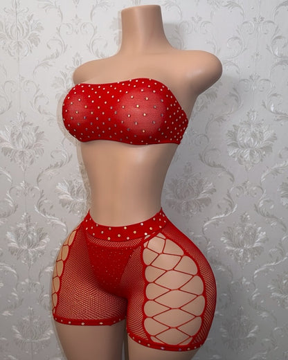 Majesty Rhinestone Crotchless Fishnet Shorts Set Fits XS-L