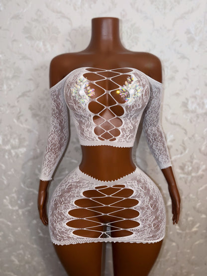 Harmonie Off Shoulder Fishnet Lace Skirt Set Fits XS-L