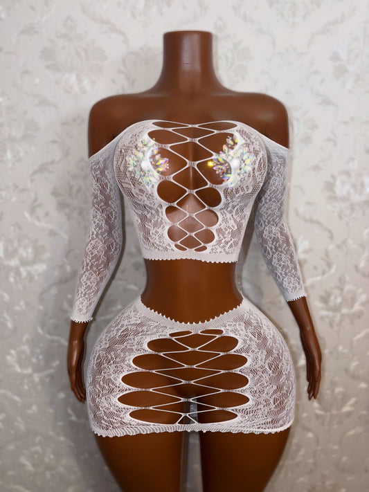 Harmonie Off Shoulder Fishnet Lace Skirt Set Fits XS-L