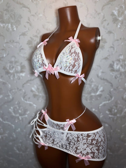 Tangerine Lace Skirt Set With Bikini Fits XS-M Optional Bows