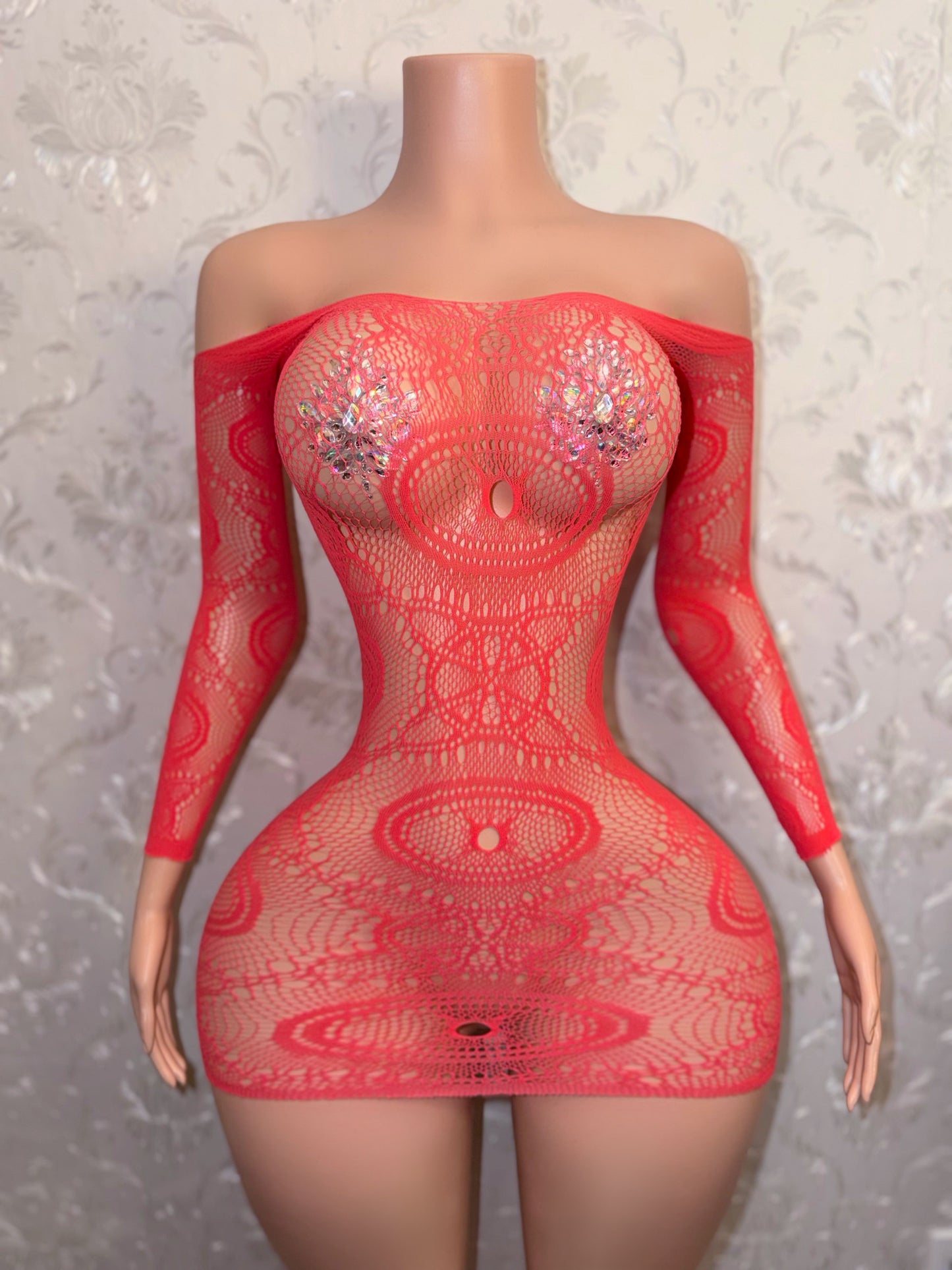 Eye of the Tiger Off Shoulder Fishnet Dress Fits XS-L