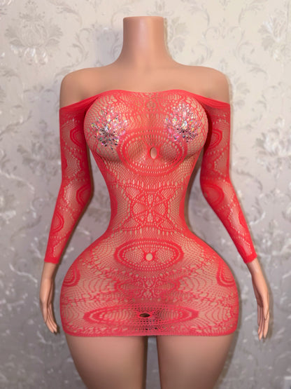 Eye of the Tiger Off Shoulder Fishnet Dress Fits XS-L