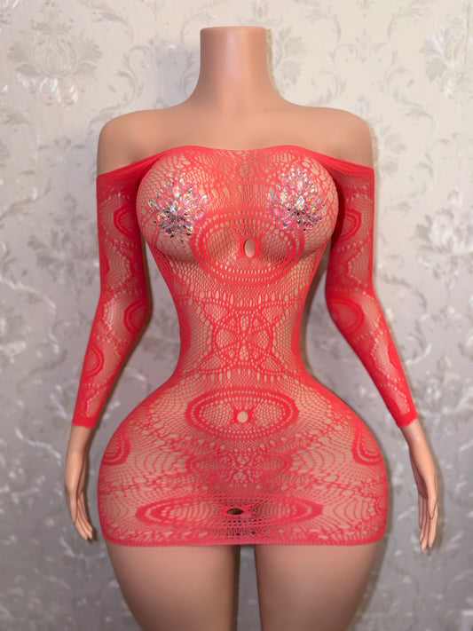 Eye of the Tiger Off Shoulder Fishnet Dress Fits XS-L