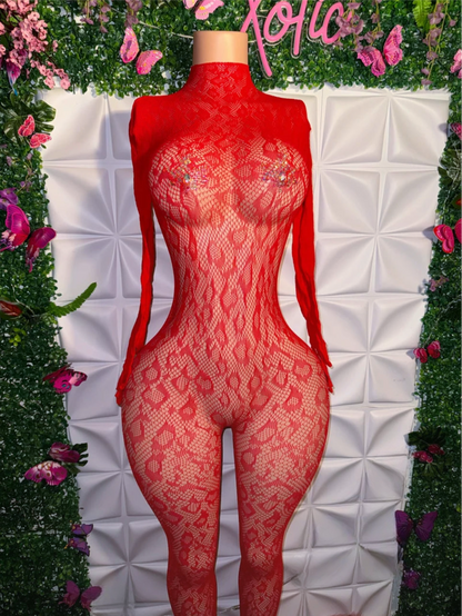 Sherice Fishnet Cheetah Bodystocking with Gloved Sleeve Fits All Sizes