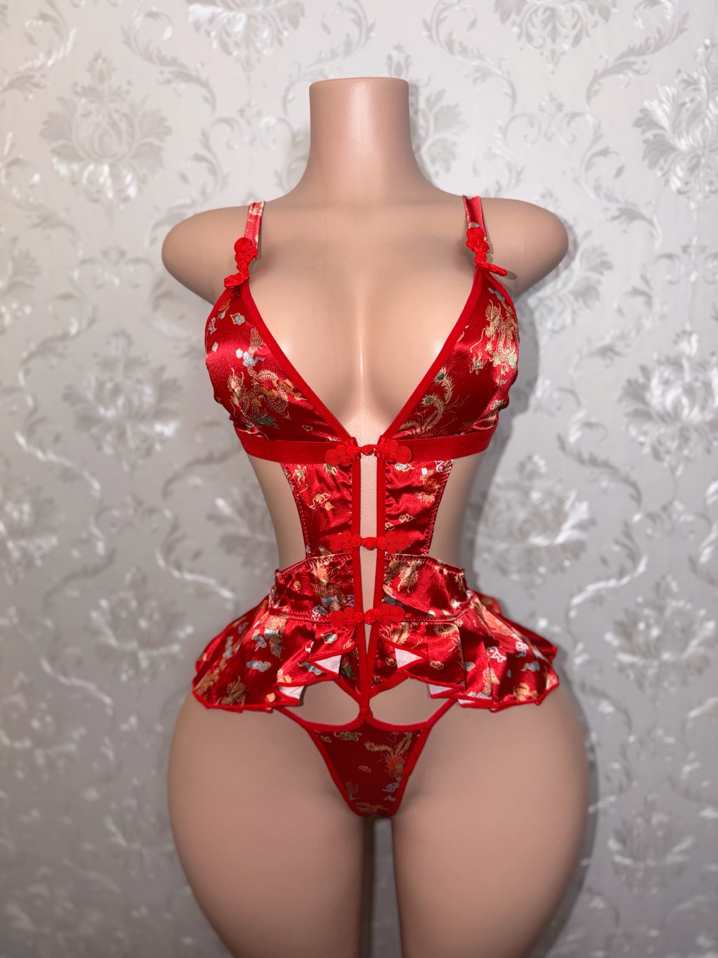 Shanghai Princess Red Dragon Pleated Satin 1 Piece Fits M