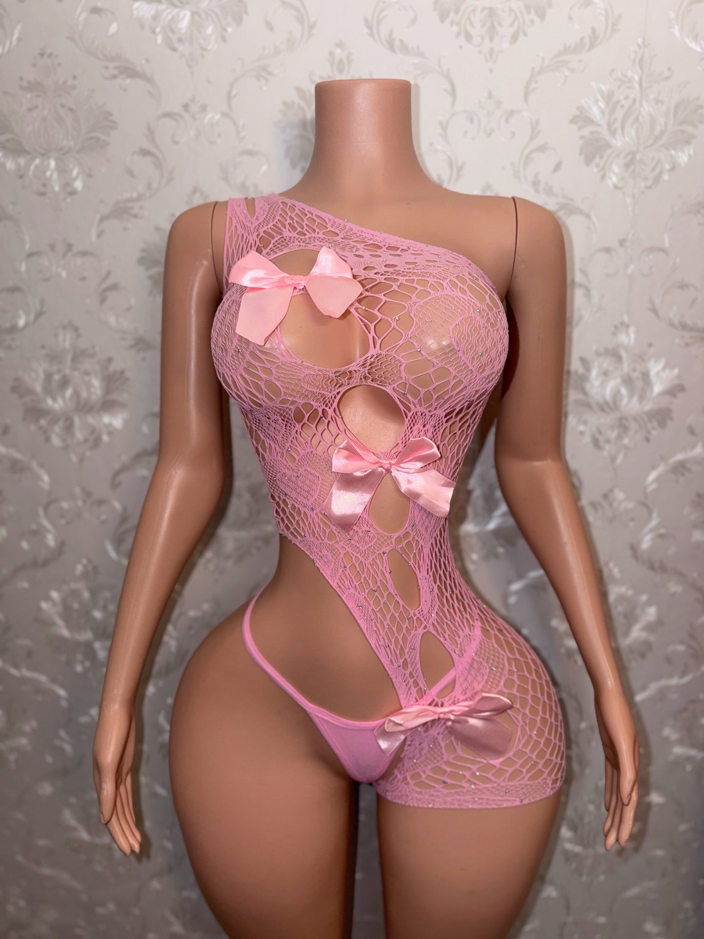 Jaidyn Asymmetrical Fishnet Romper 2 Piece Set with Bows Fits XS-L