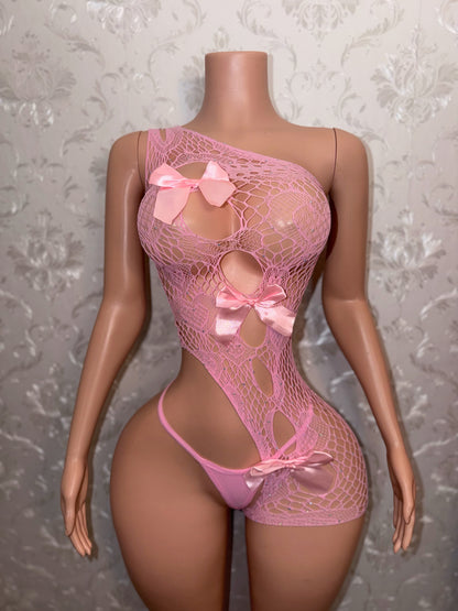 Jaidyn Asymmetrical Fishnet Romper 2 Piece Set with Bows Fits XS-L