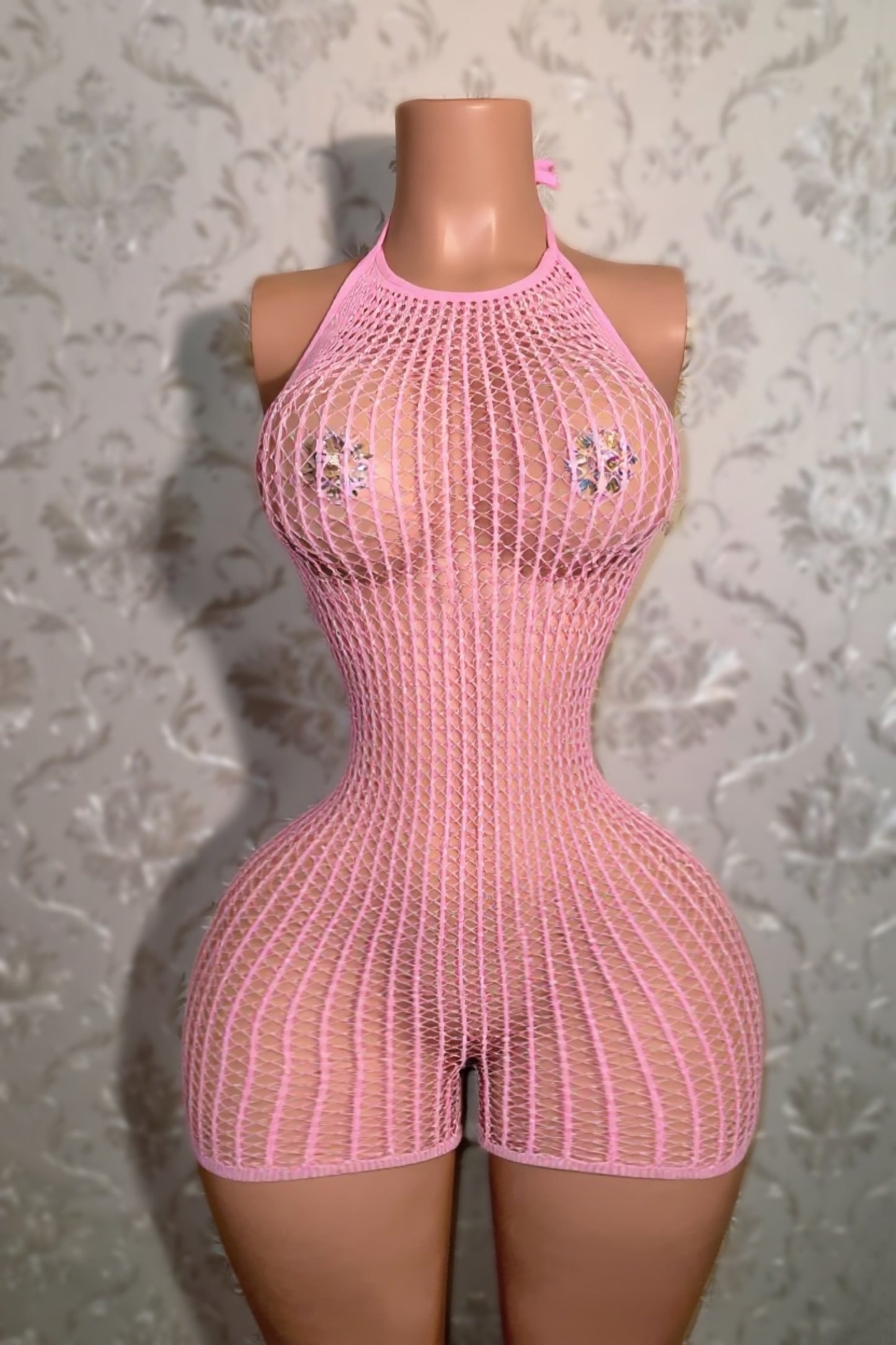 Serena Plain Halter Fishnet Romper Fits XS-XL