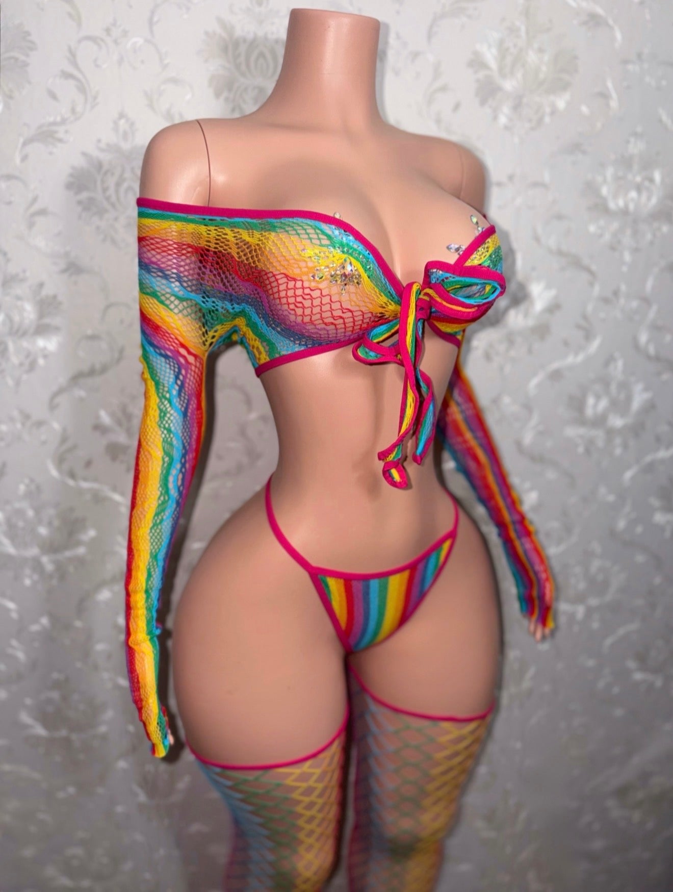 Venus 3 Piece Fishnet Set with Stockings Fits XS-L