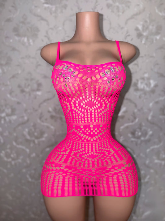 Summerella Fishnet Tank Dress In Hot Pink Fits XS-XL