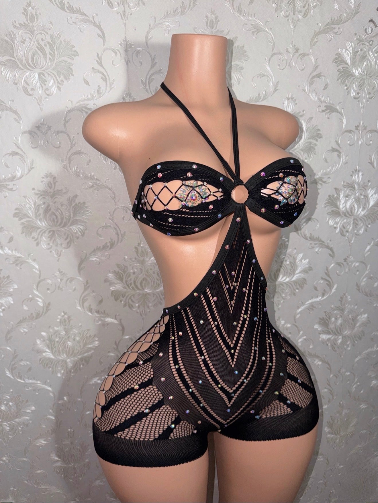 Black Dahlia PLT Halter Fishnet Romper Extra Rhinestones Fits XS-M