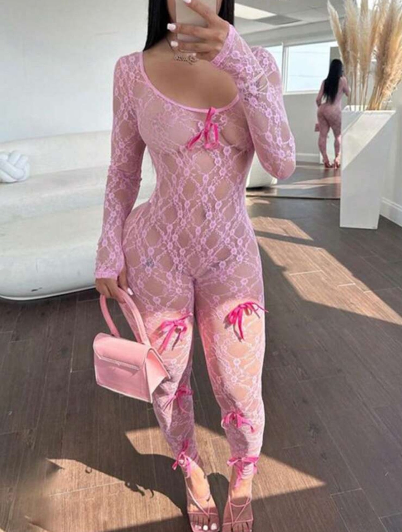 Oh So Pink — Pink Lace Jumpsuit with Bows