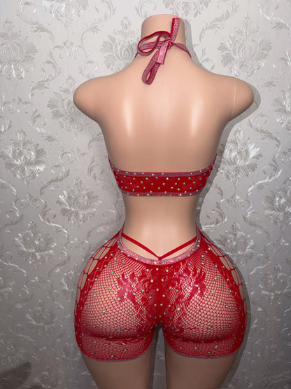 Spice Girl Rhinestone Lace Fishnet Romper Set Fits S-L
