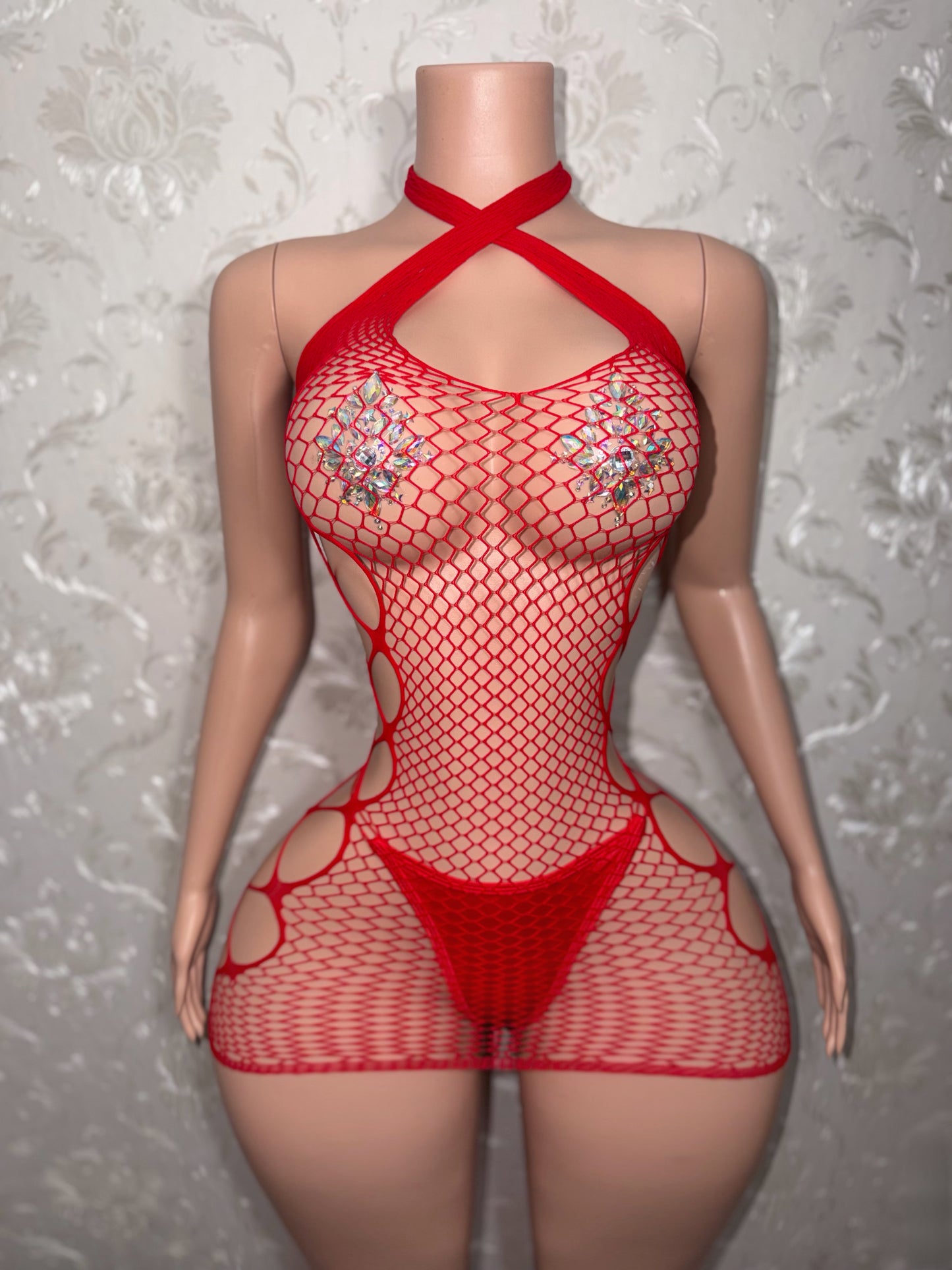 Teyana Fishnet Dress Optional Thong Fits XS-L