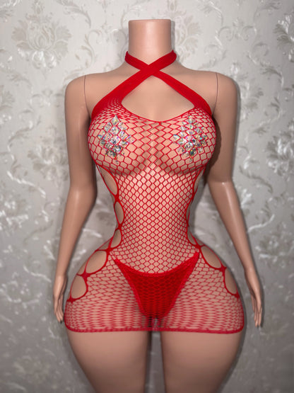 Teyana Fishnet Dress Optional Thong Fits XS-L