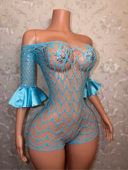 Kayla Off Shoulder Fishnet Romper Fits XS-M