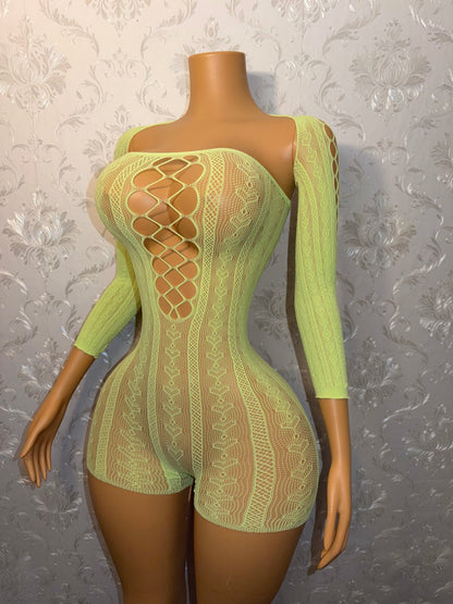 Chrome Hearts Neon Green Fishnet Romper Set Fits XS-L
