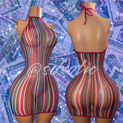 Onika Multicolor Fishnet Romper with Rhinestones