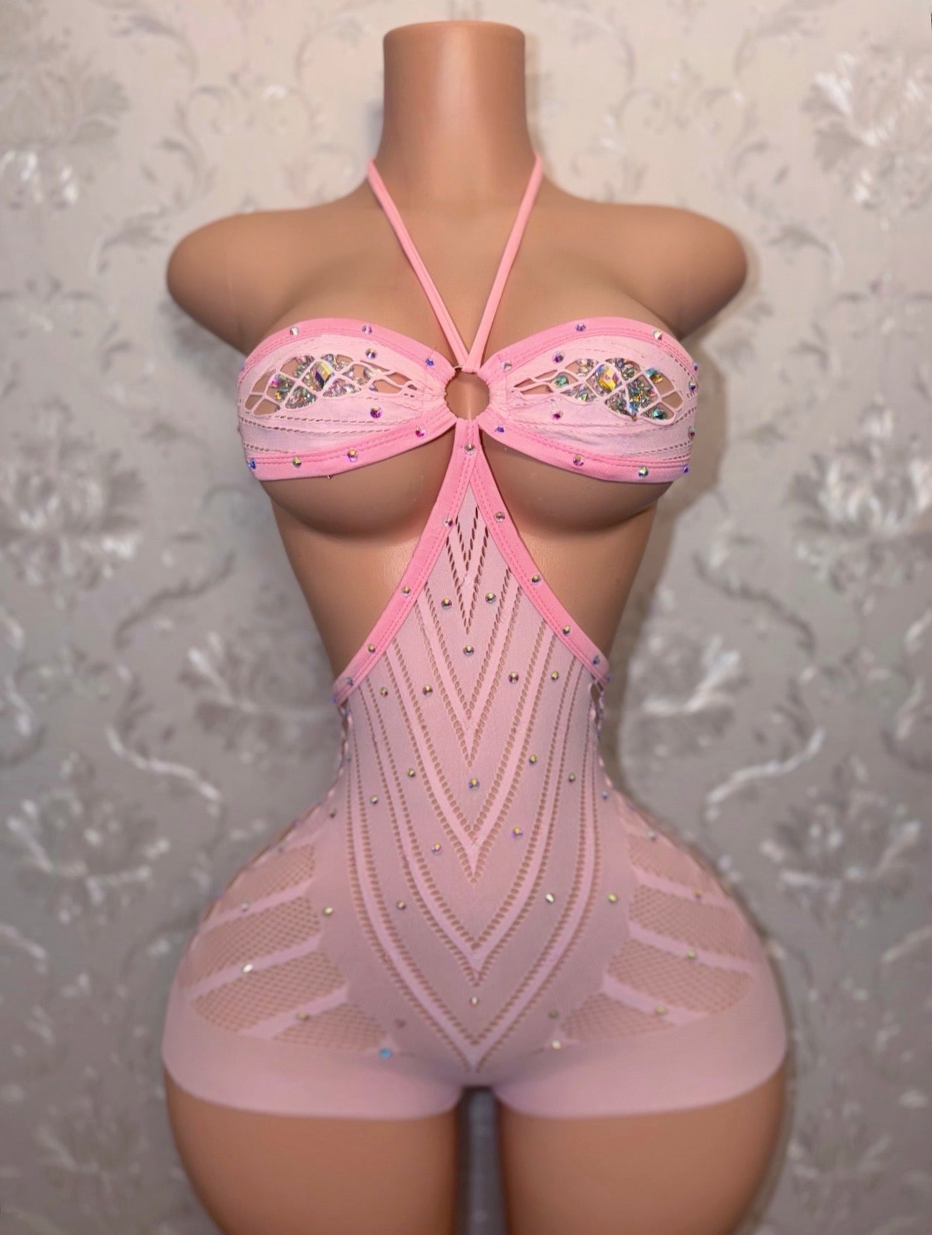 Baby Pink PLT Halter Fishnet Romper Fits XS-M