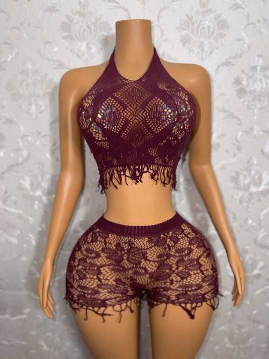 Amber Fringe Fishnet Shorts Set In Currant