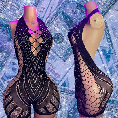 PLT Collection — Fishnet Romper with Rhinestones Fits XS-XL