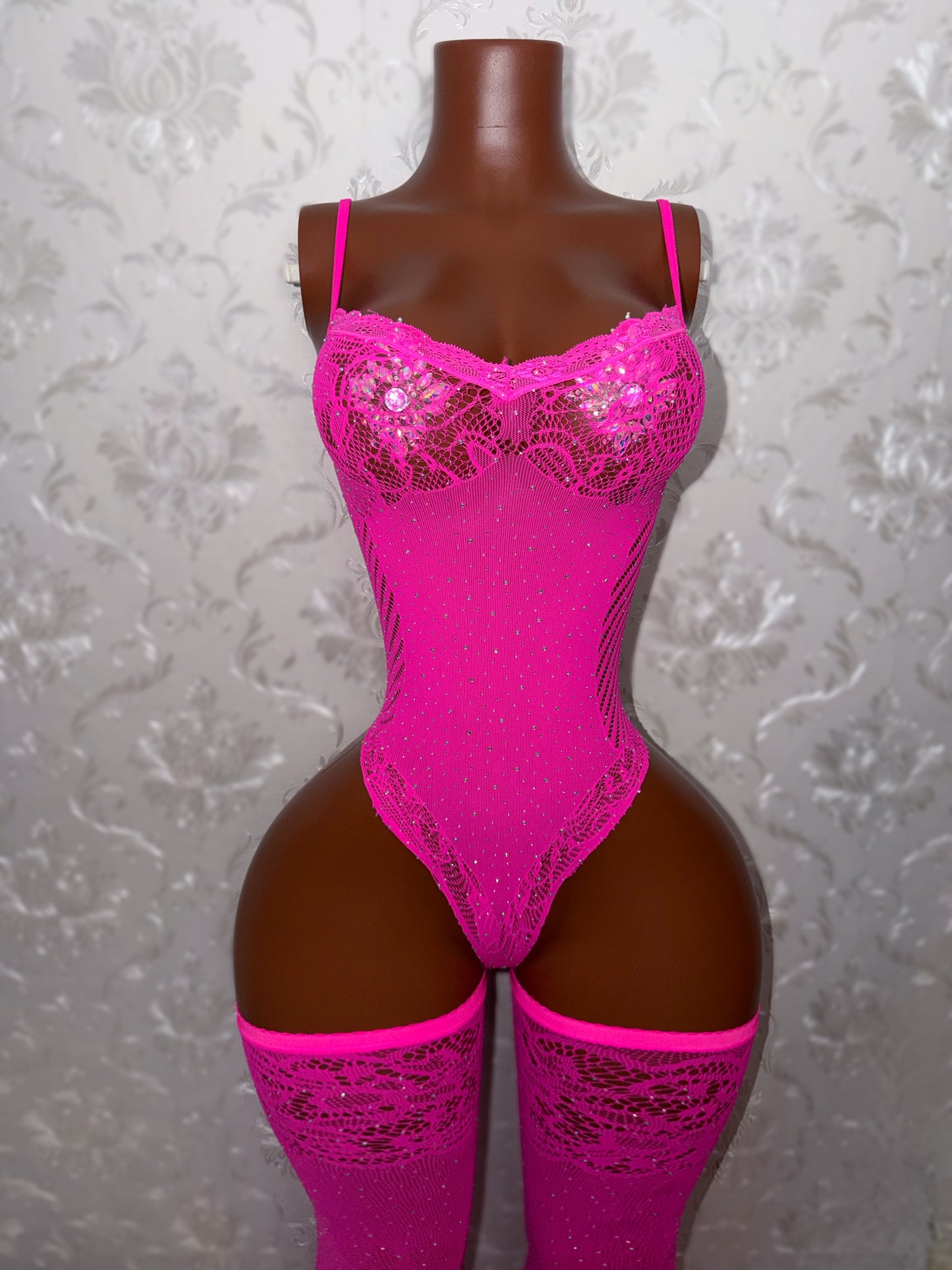 Crystal Baller Rhinestone Fishnet Bodysuit with Thigh Highs Set Fits XS-XL