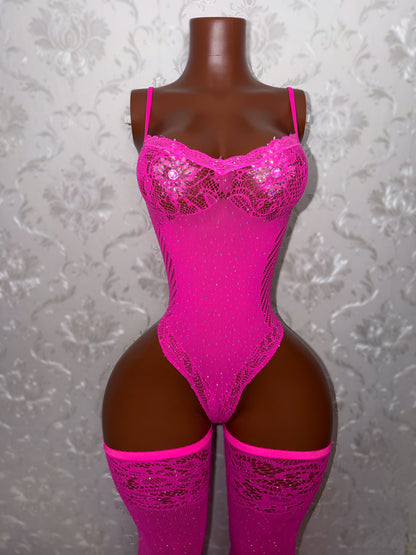 Crystal Baller Rhinestone Fishnet Bodysuit with Thigh Highs Set Fits XS-XL