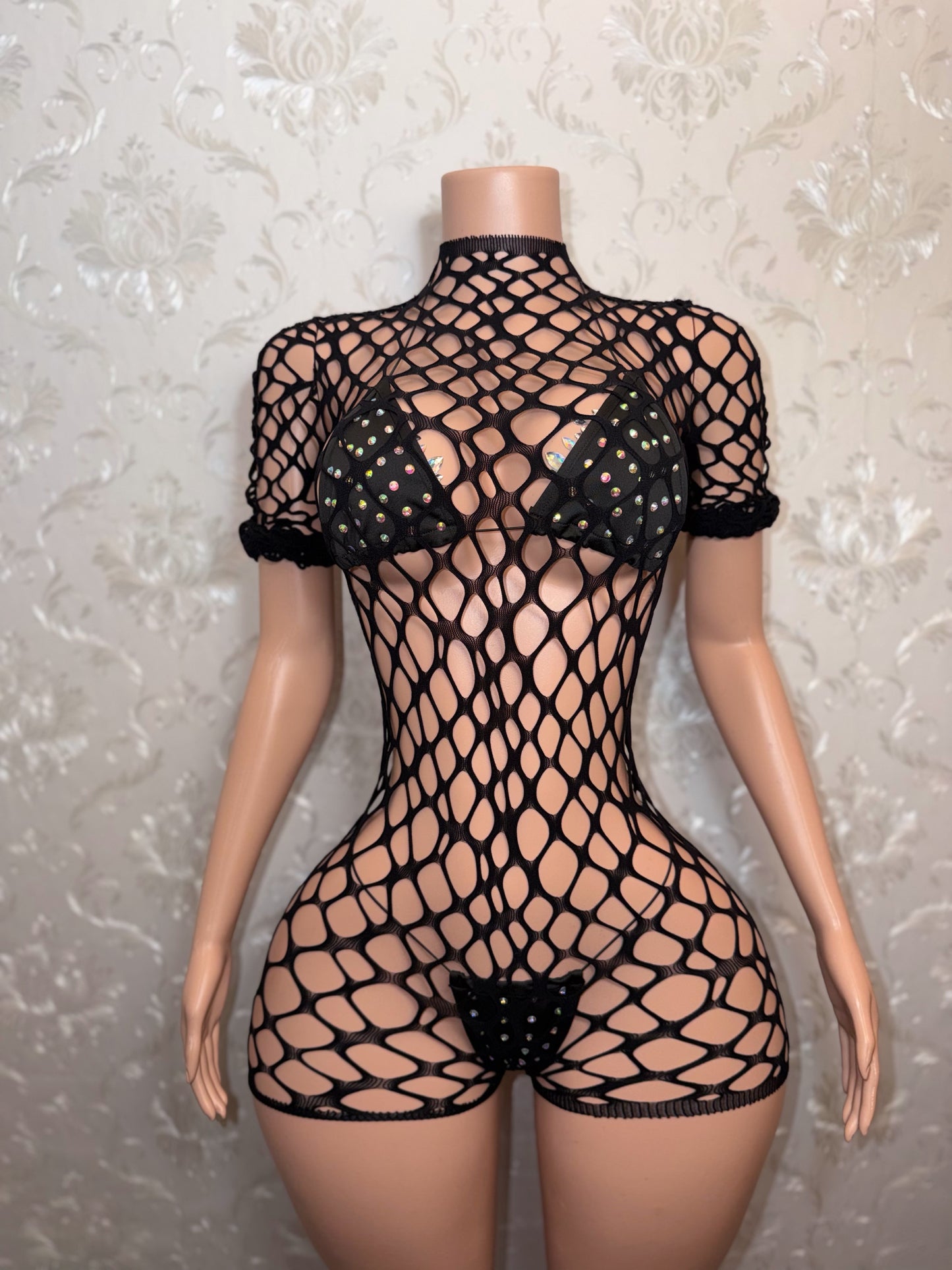 Avery Long Sleeve Reversible Fishnet Romper Bikini Set Fits XS-L
