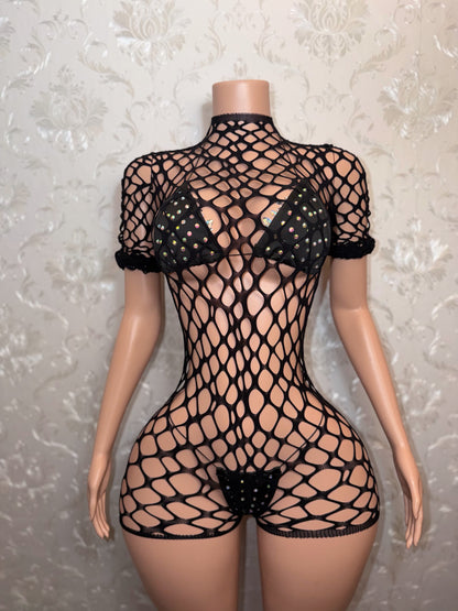 Avery Long Sleeve Reversible Fishnet Romper Bikini Set Fits XS-L