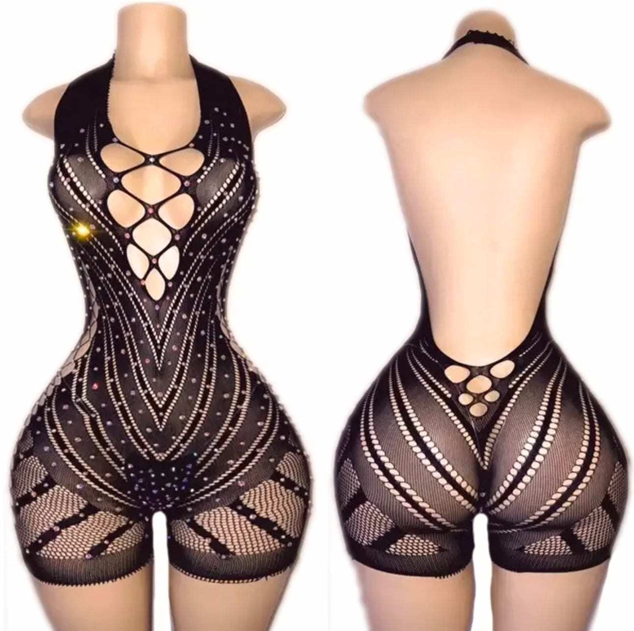 PLT Collection — Fishnet Romper with Rhinestones Fits XS-XL