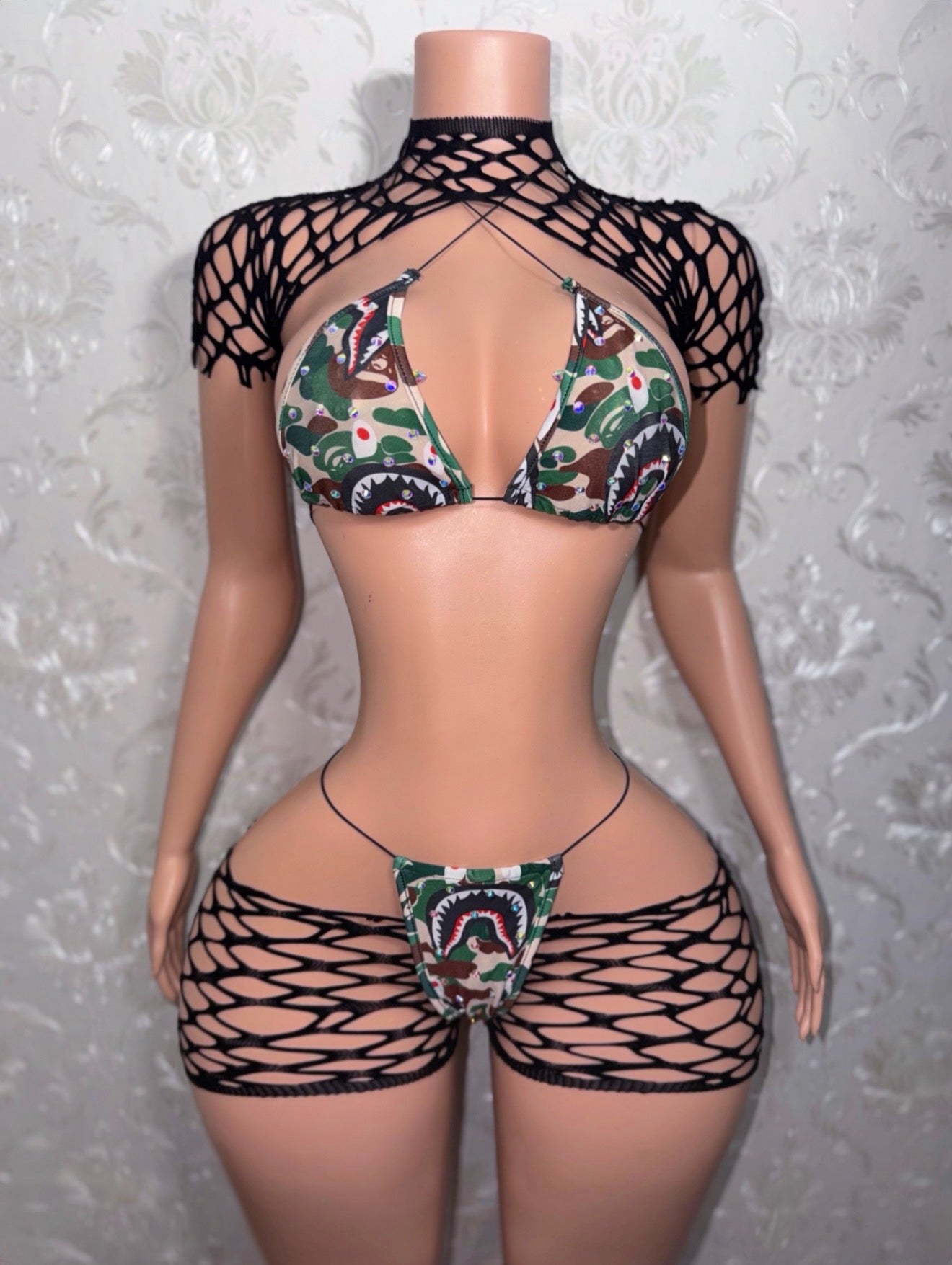 Jungle Doll 4 Piece Fishnet & Green Camo Bikini Set