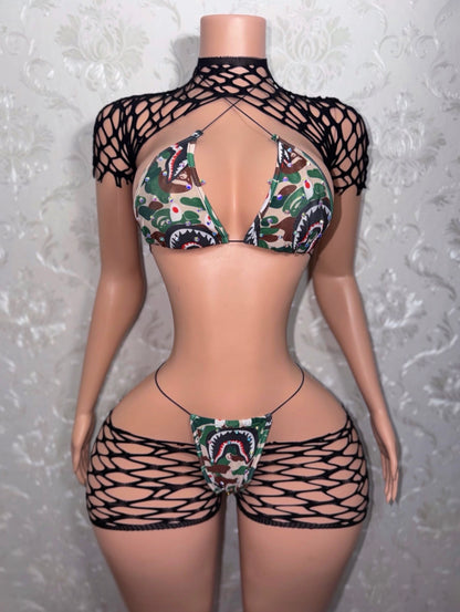 Jungle Doll 4 Piece Fishnet & Green Camo Bikini Set