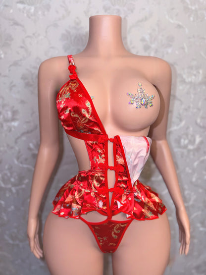 Shanghai Princess Red Dragon Pleated Satin 1 Piece Fits M