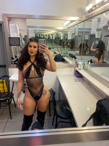 Rockstar Black Rhineston Fishnet Bodysuit One Size Fits All