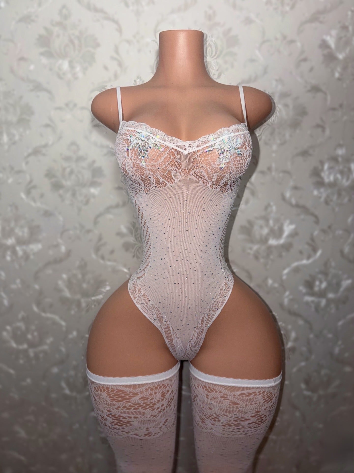 Crystal Baller Rhinestone Fishnet Bodysuit with Thigh Highs Set Fits XS-XL