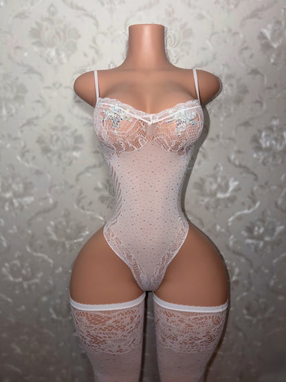 Crystal Baller Rhinestone Fishnet Bodysuit with Thigh Highs Set Fits XS-XL