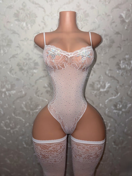 Crystal Ball Rhinestone Fishnet Bodysuit with Thigh Highs Set Fits XS-XL