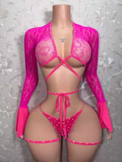 Sweetie Fishnet 3 Piece Flared Sleeve Set with Garters In Hot Pink