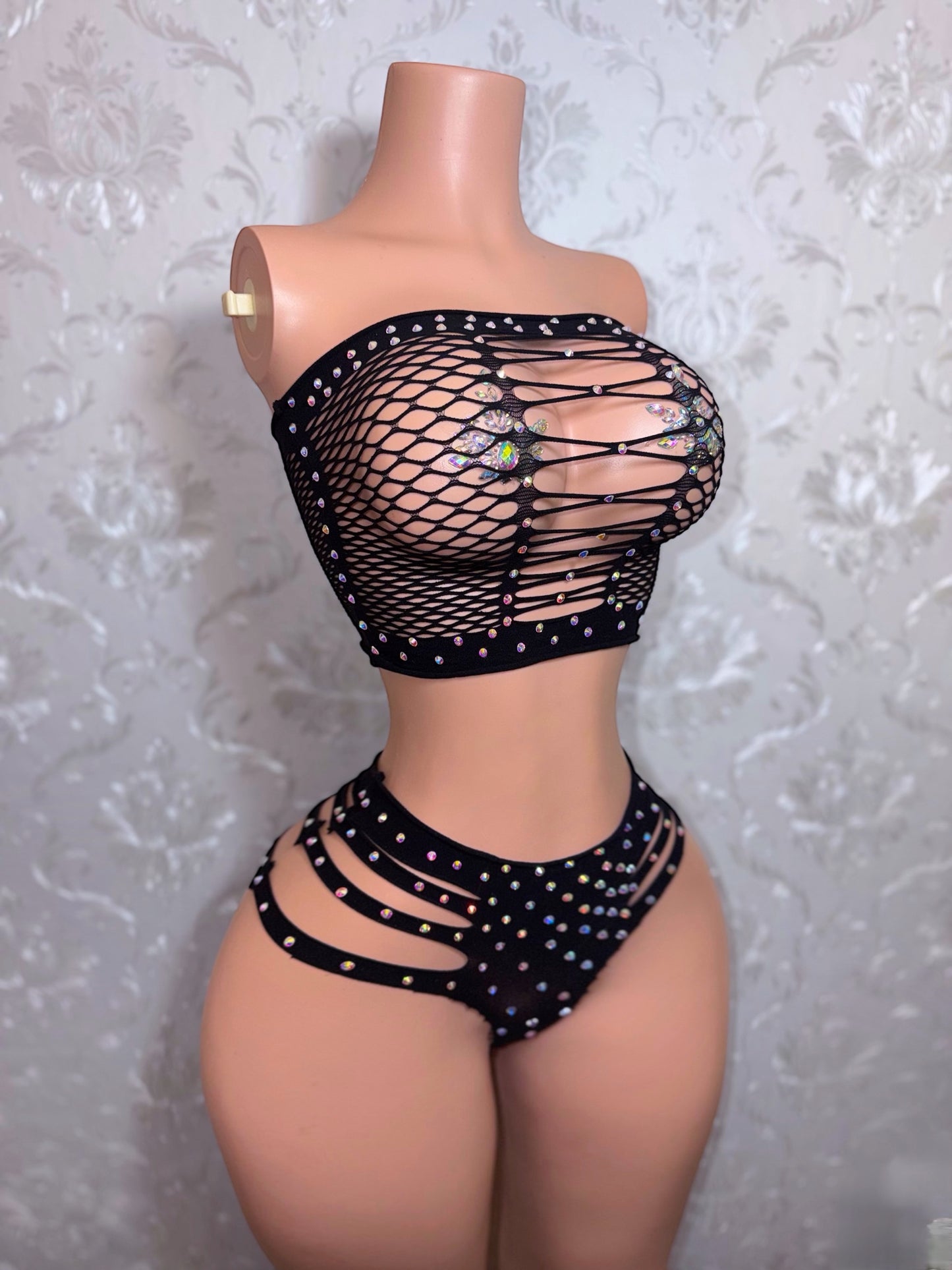 Natina EXTRA Rhinestones 2 Piece Cheeky Fishnet Set Fits All