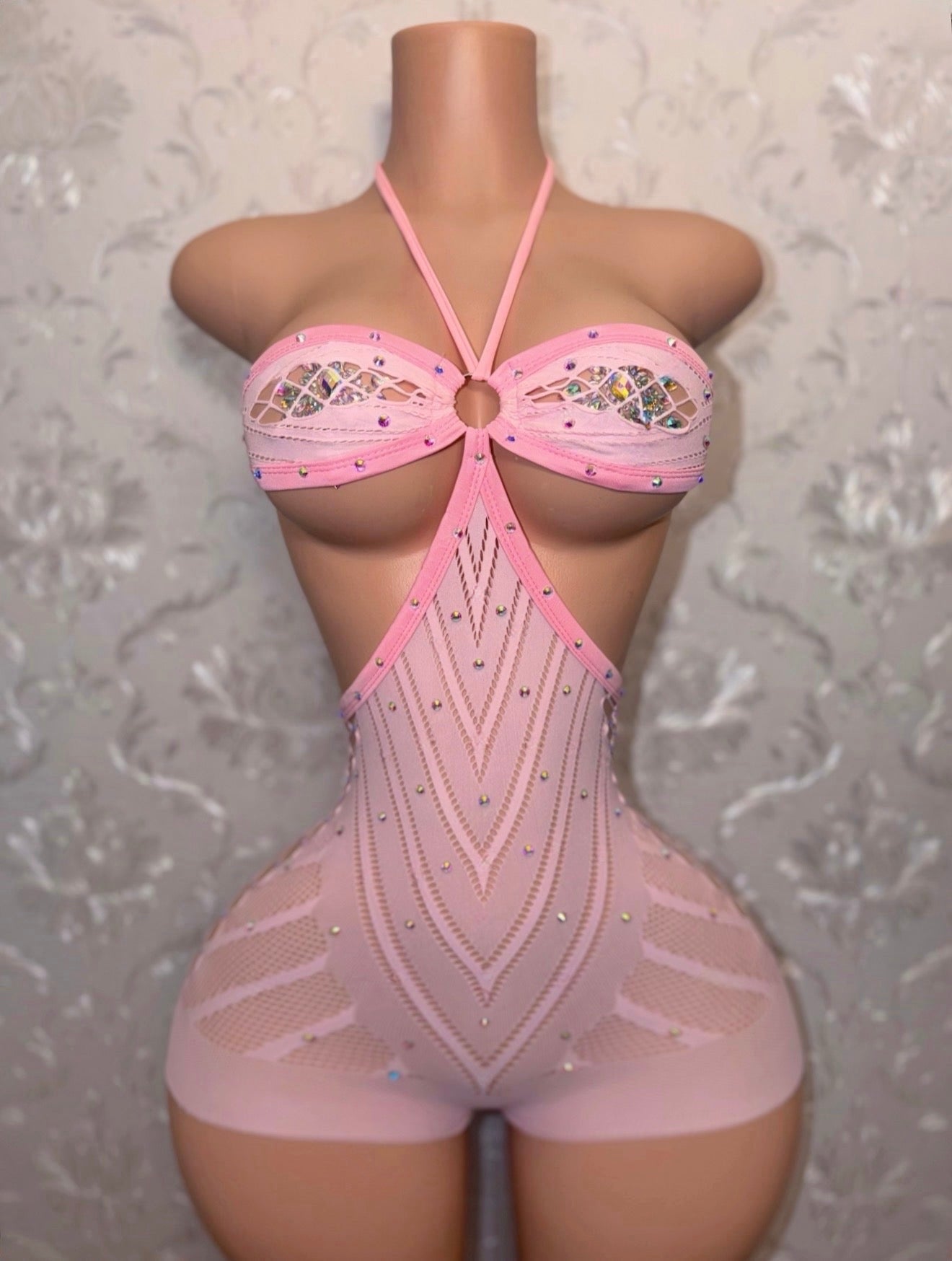 PLT Halter Fishnet Romper Fits XS-M