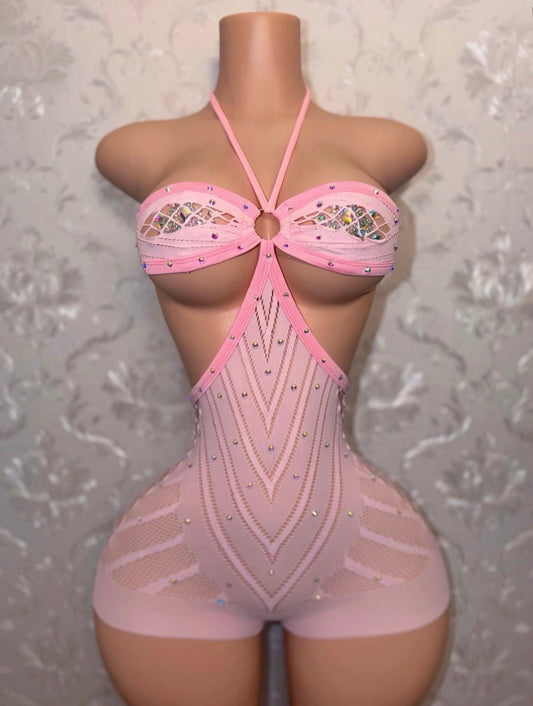 Baby Pink PLT Halter Fishnet Romper Fits XS-M