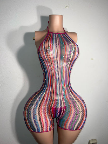 Onika Multicolor Fishnet Romper with Rhinestones