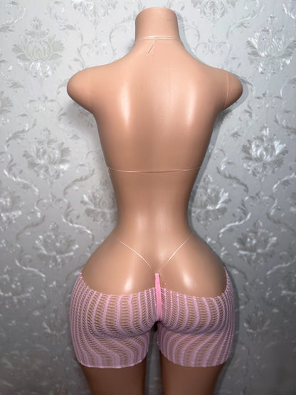 Candy Girl Charm Bikini With Baby Pink Bows & Cutoff Fishnets