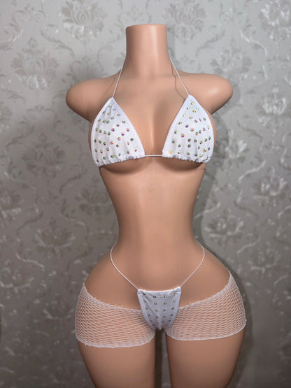 Martina 3 Piece Bikini and Cutoff Fishnet Shorts Fits XS-L