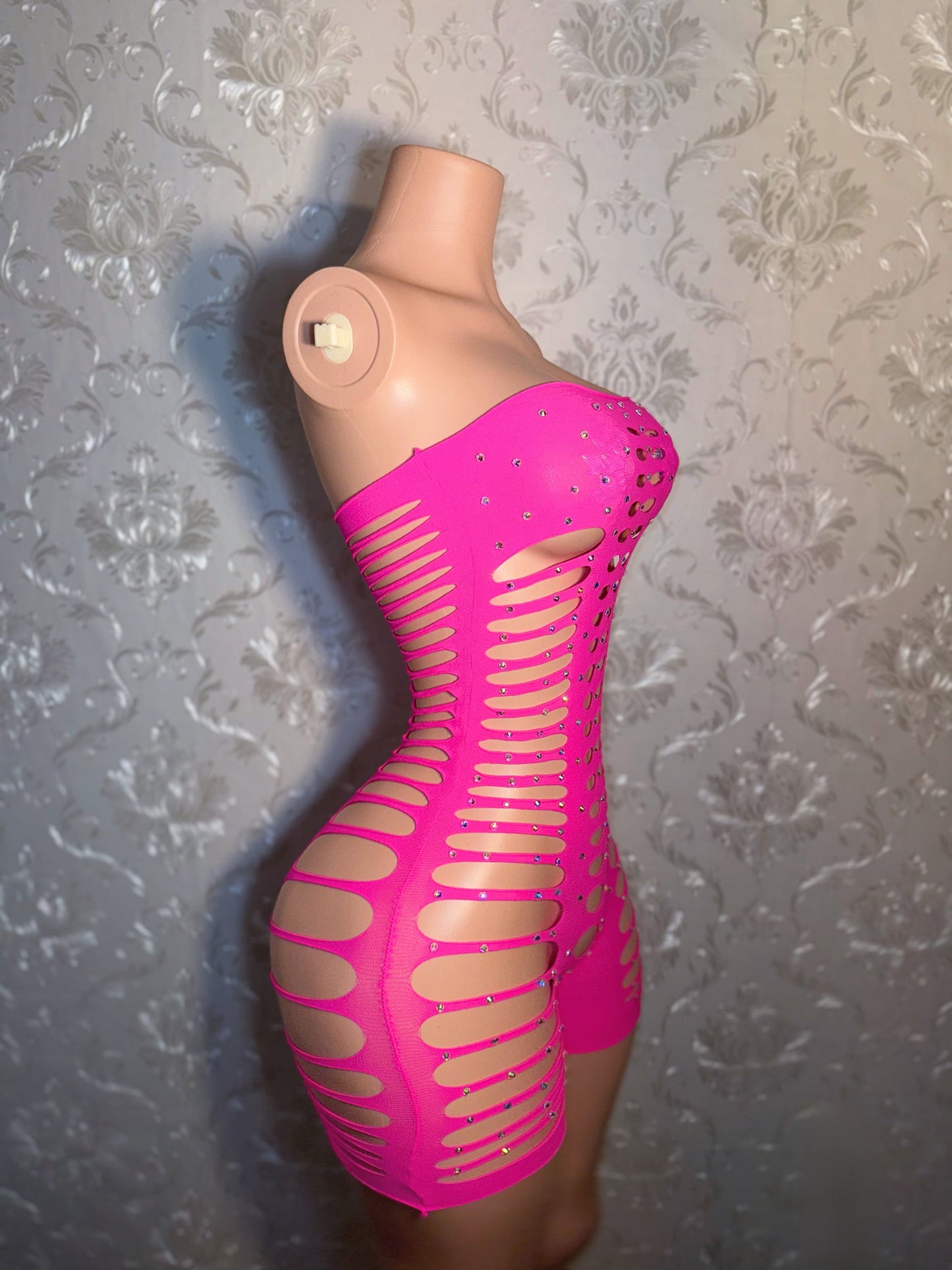 Monique Fishnet Slits Romper Fits XS-L