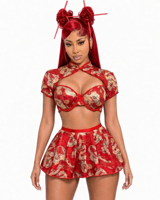 Chinese Dragon 5 Piece Set With Sheer Red Stockings