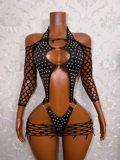 Sadé Rhinestone One Piece & Fishnet Shawl + Skirt Set Fits S-L