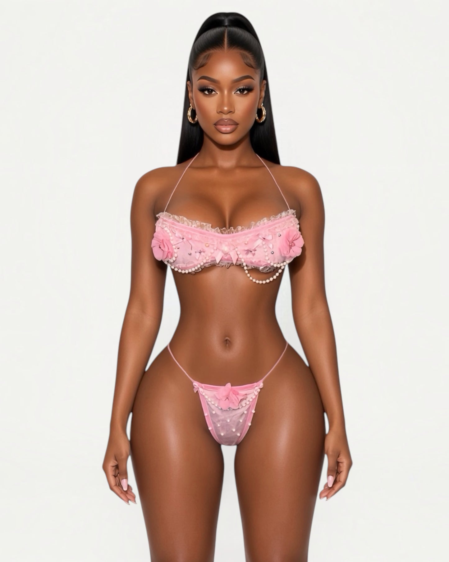 Paris Velour Ruffle Lace Trim Bandeau Bikini Set
