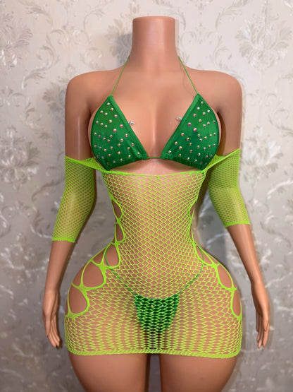Martina Bikini + Teyana Fishnet Dress 3 Piece Set Fits XS-L