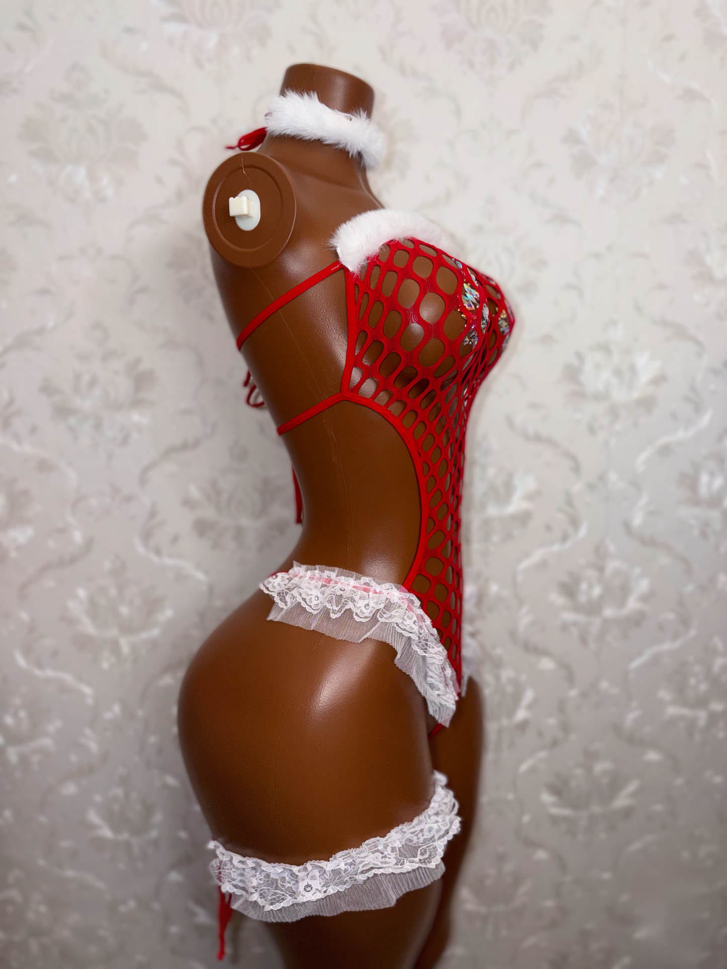 Snow Fairy Fishnet Bodysuit Lace Ruffle Trim 3 Piece Set Fits XS-M